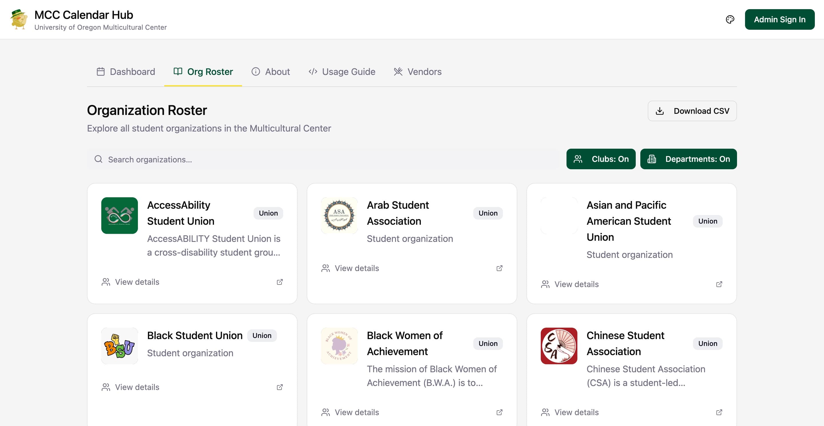 Organization roster page listing MCC student unions